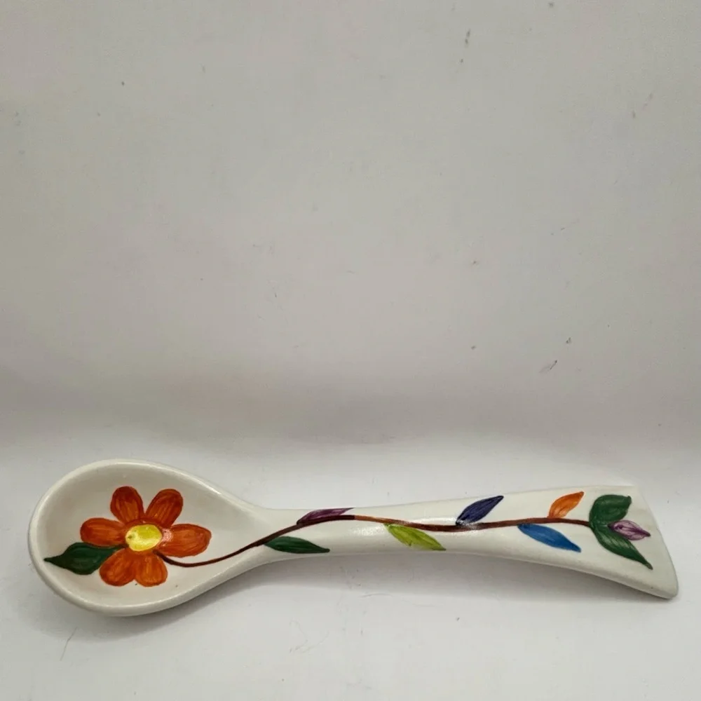 Hand-Painted Floral Ceramic Decorative Spoon -‎ Orange Flower 7.5” long